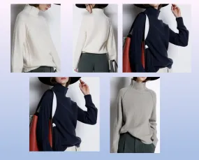 100% Cashmere Turtleneck Sweater with Ribbed Finish and Raised Seams