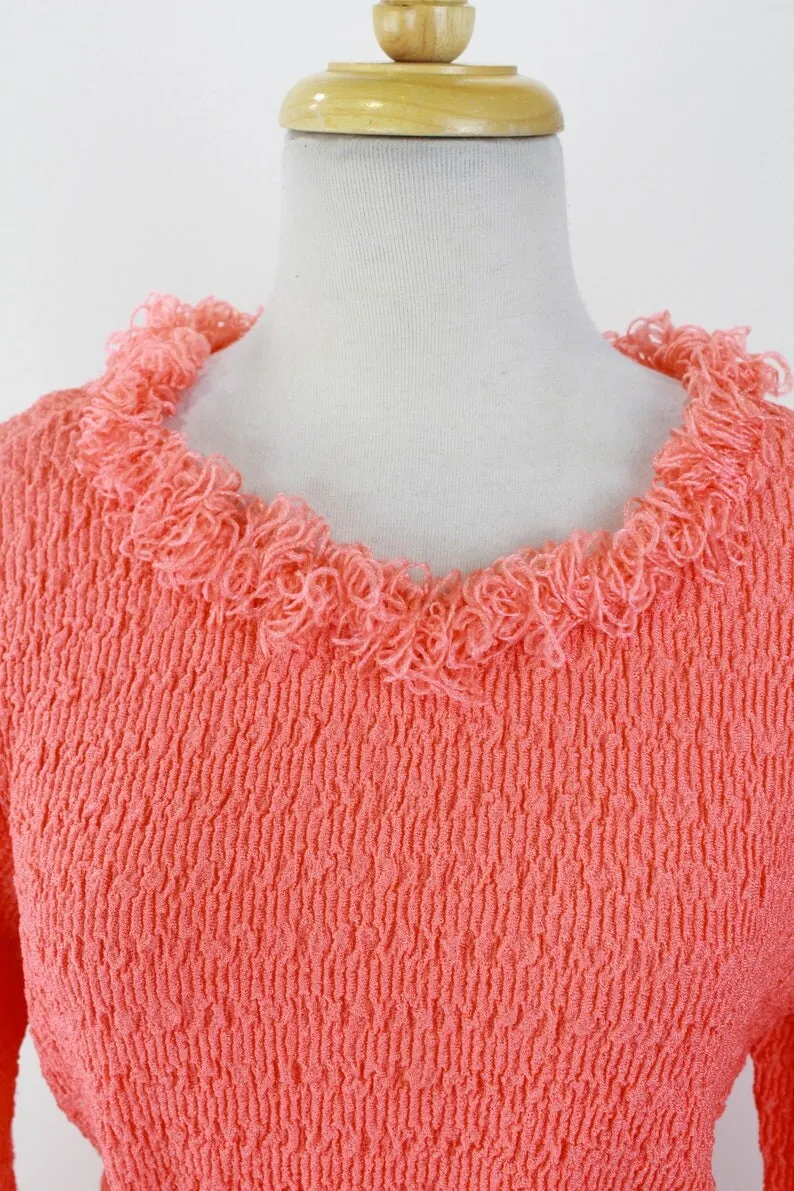 1960s Fuzzy Trim Salmon Pink Skirt and Top Set, Medium