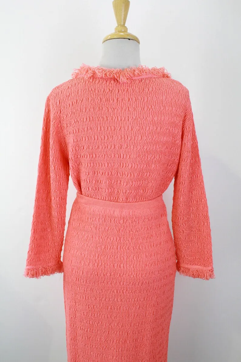 1960s Fuzzy Trim Salmon Pink Skirt and Top Set, Medium