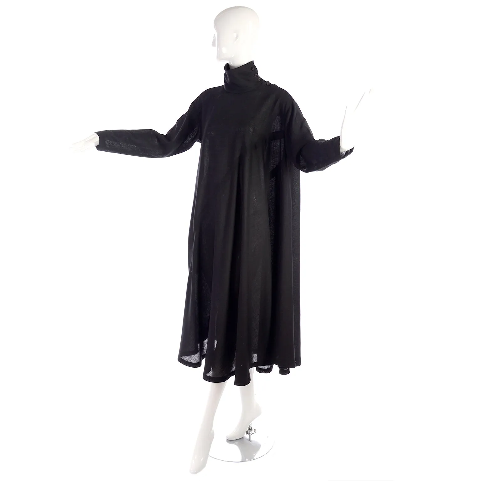 1980s Issey Miyake Plantation Black Wool Turtleneck Tent Dress