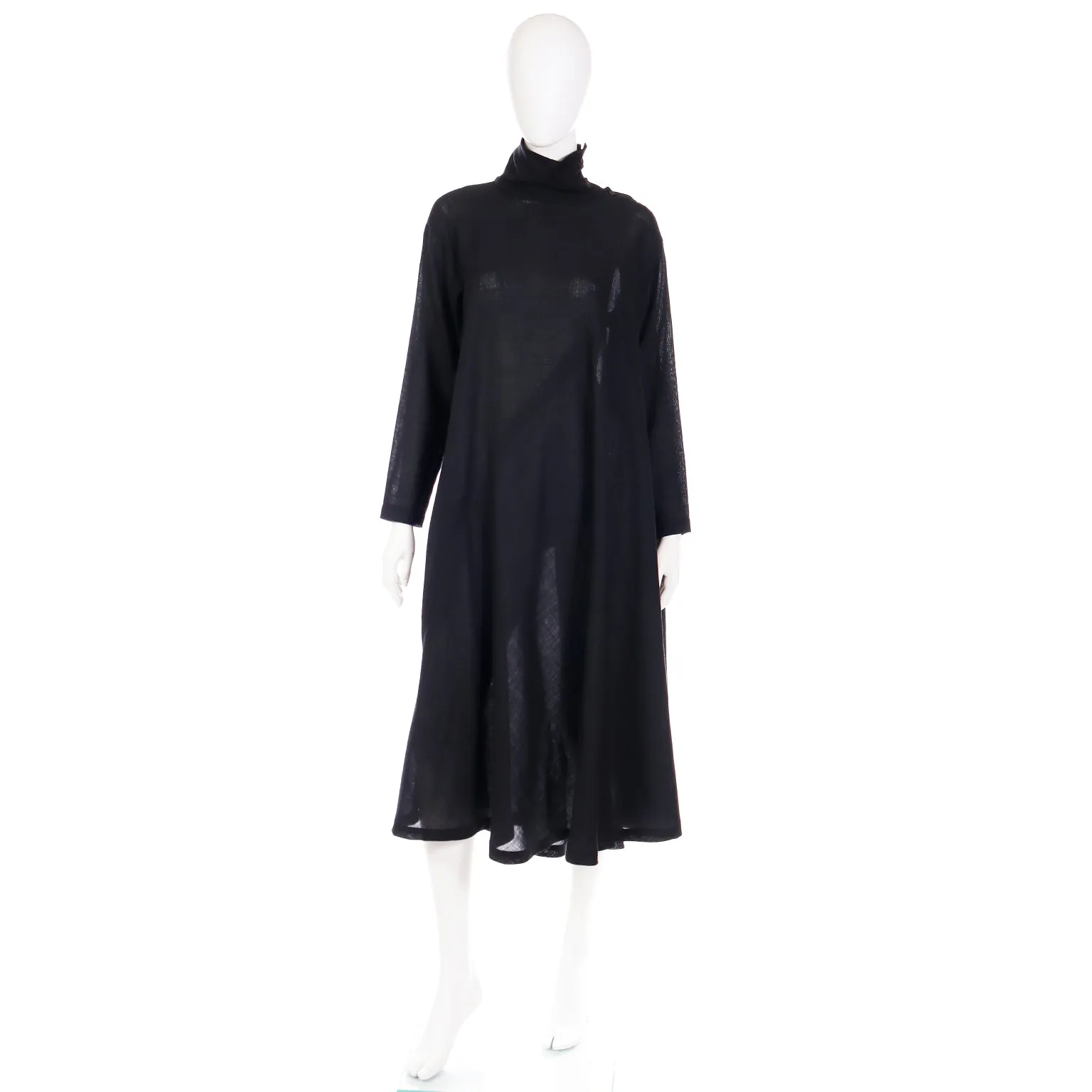 1980s Issey Miyake Plantation Black Wool Turtleneck Tent Dress