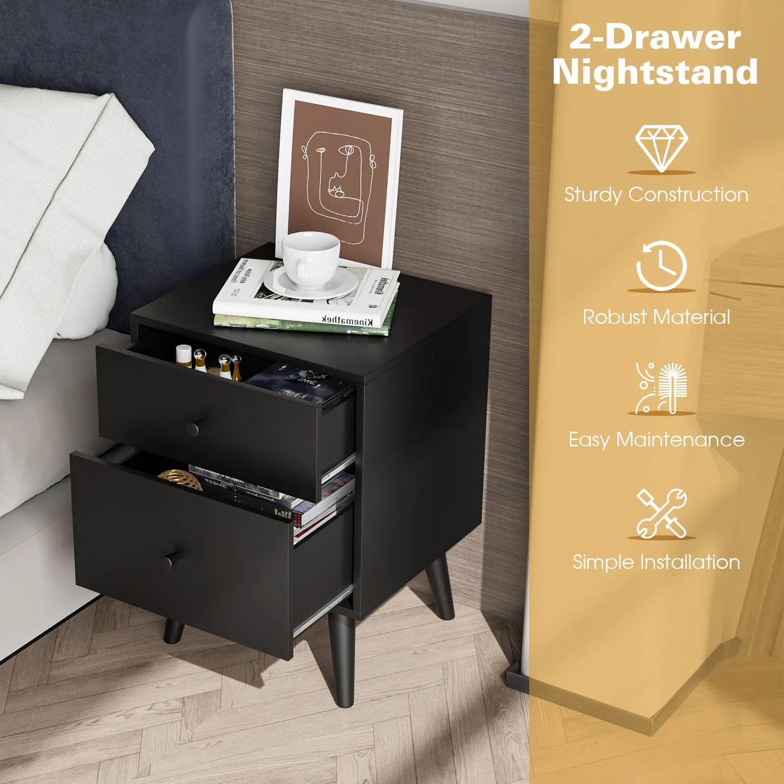 2-Drawer Nightstand with Solid Rubber Wood Legs and Large Storage Space-Black