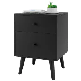 2-Drawer Nightstand with Solid Rubber Wood Legs and Large Storage Space-Black