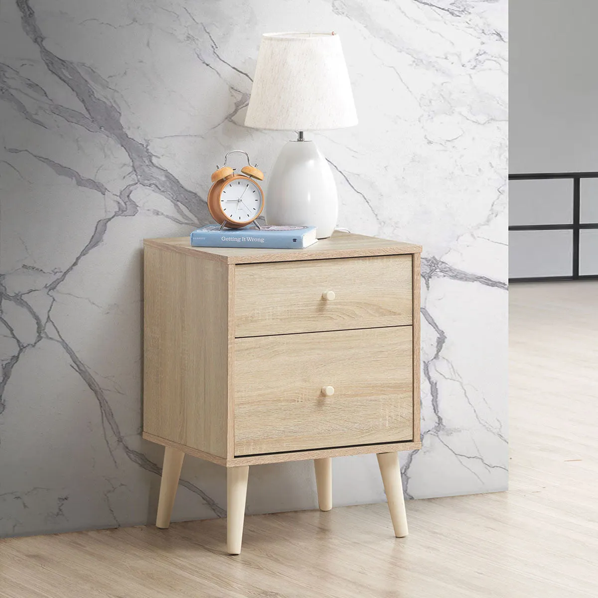 2-Drawer Nightstand with Solid Rubber Wood Legs and Large Storage Space-Natural