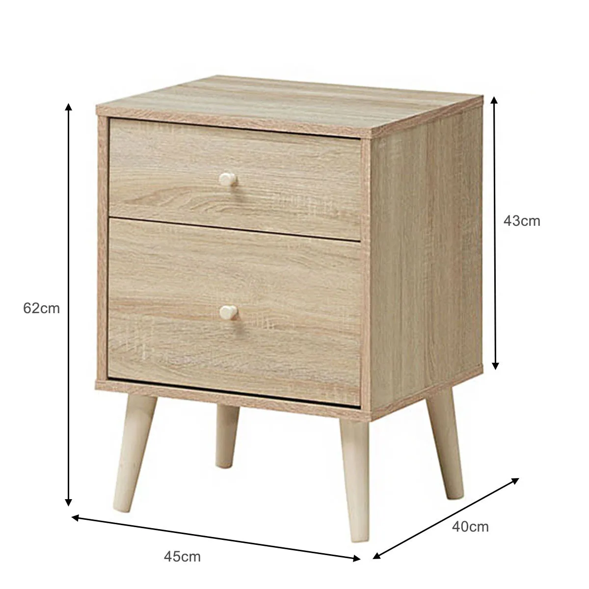 2-Drawer Nightstand with Solid Rubber Wood Legs and Large Storage Space-Natural