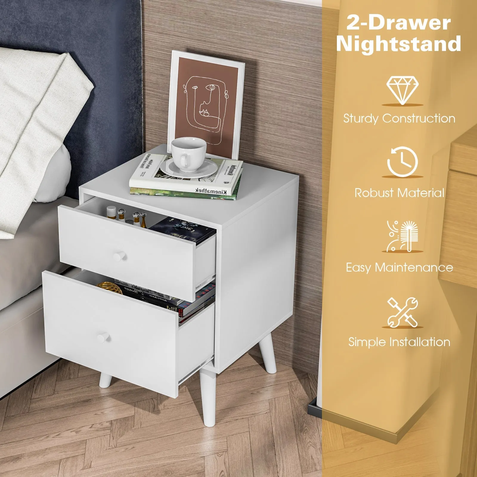 2-Drawer Nightstand with Solid Rubber Wood Legs and Large Storage Space-White