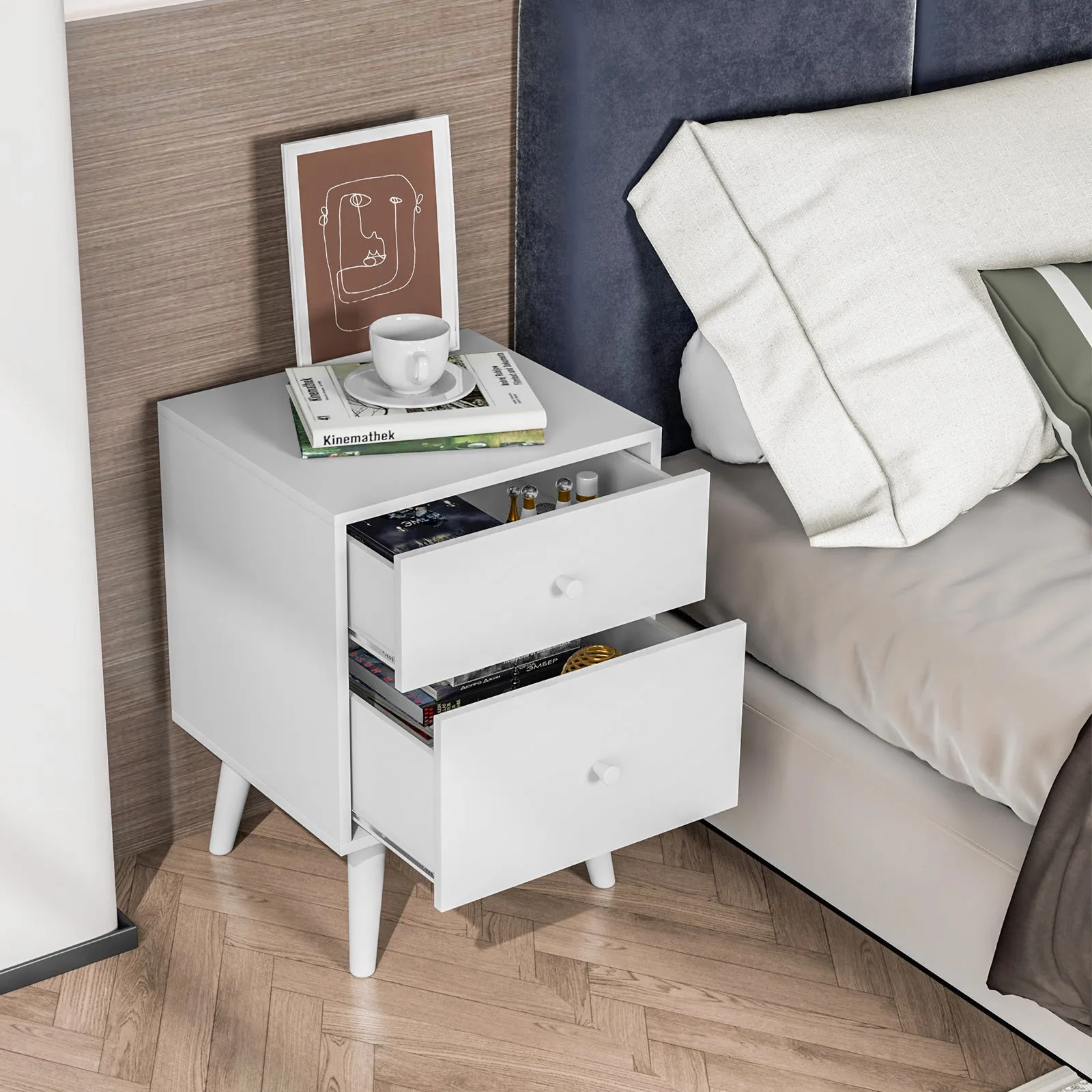 2-Drawer Nightstand with Solid Rubber Wood Legs and Large Storage Space-White