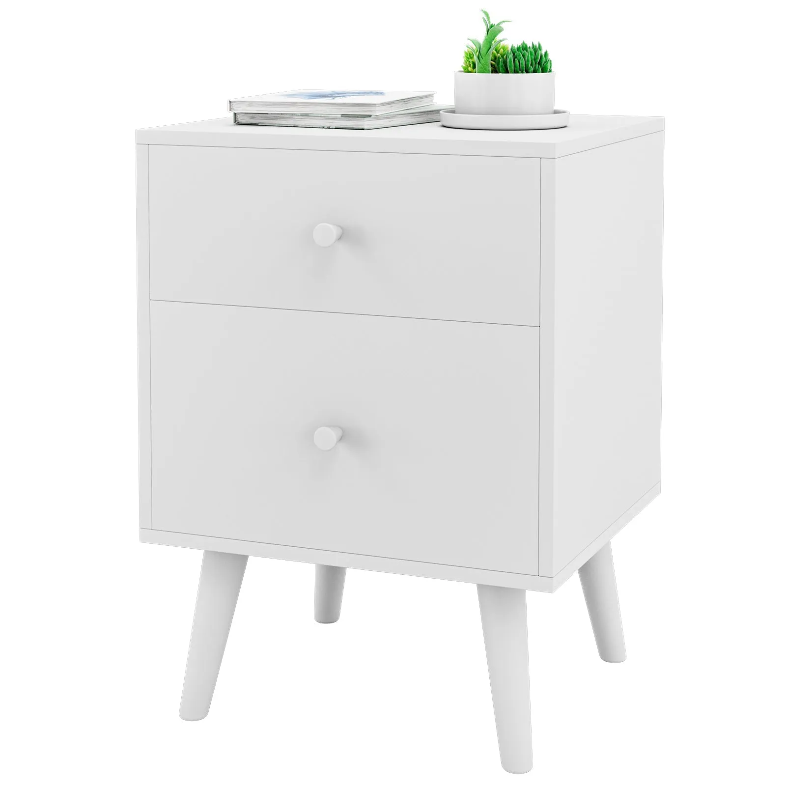 2-Drawer Nightstand with Solid Rubber Wood Legs and Large Storage Space-White