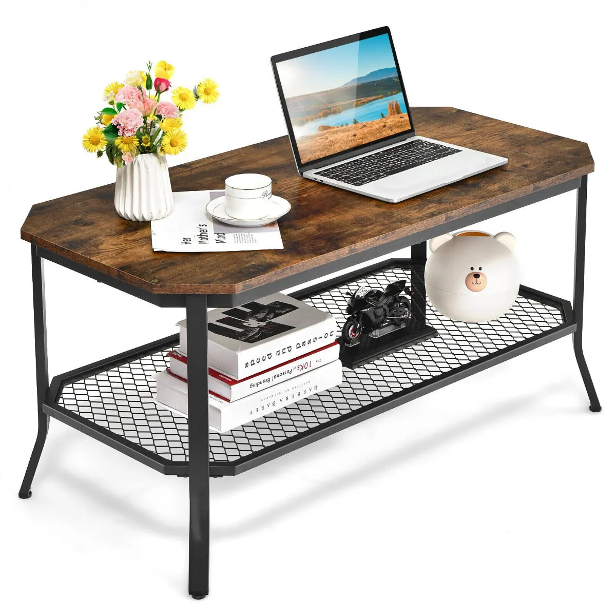 2-Tier Industrial Coffee Table with Open Metal Mesh Shelf-Brown