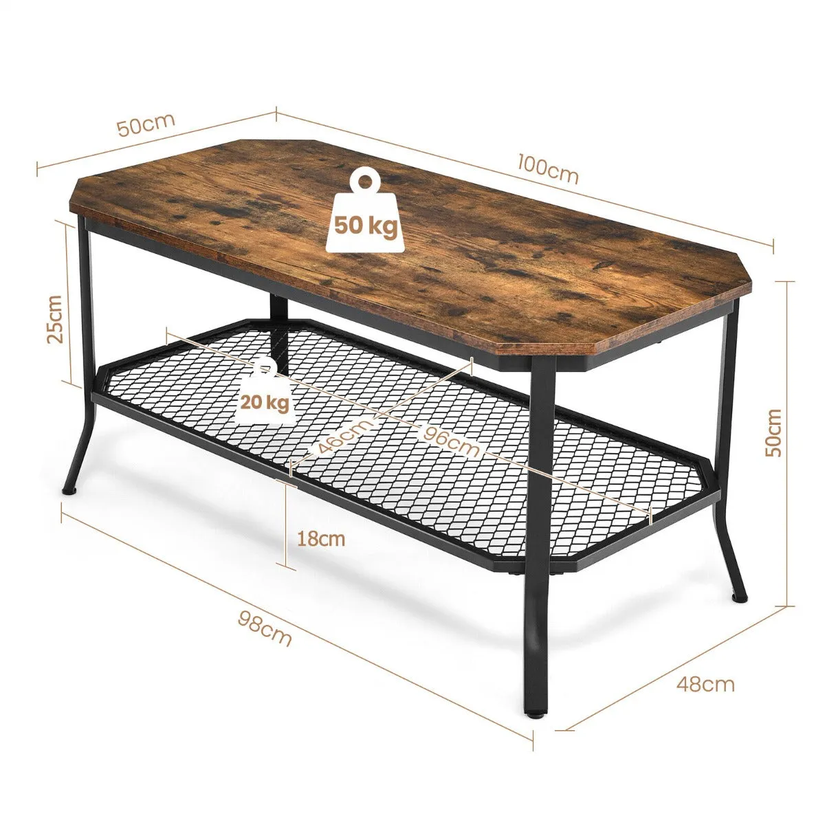 2-Tier Industrial Coffee Table with Open Metal Mesh Shelf-Brown