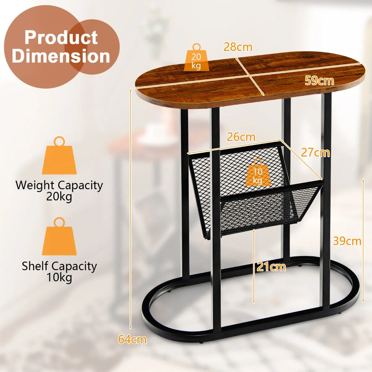 2-tier Industrial Side Table with Mesh Shelf