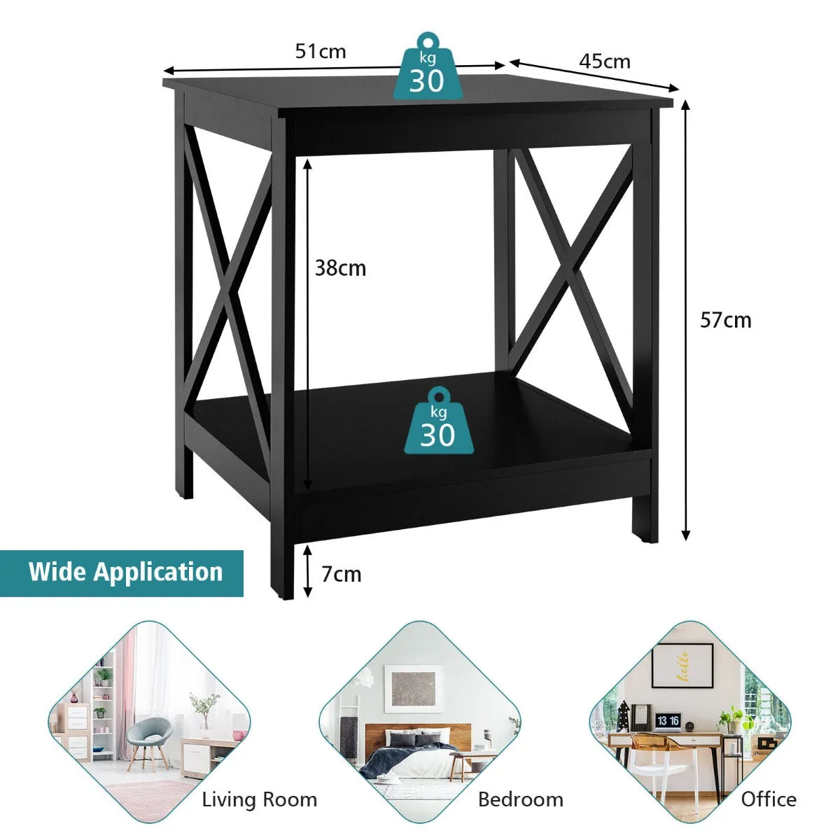 2-Tier Modern Wooden X-Shaped Bedside Table for Living Room Bedroom Office