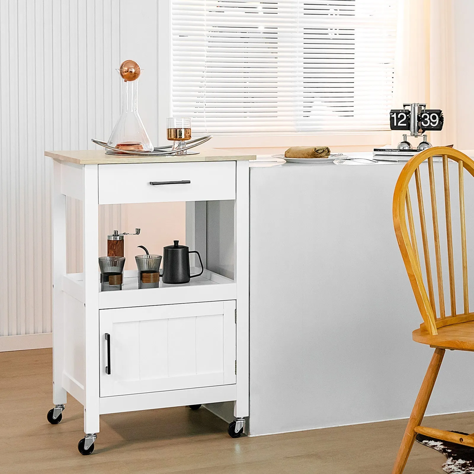 2-Tier Rolling Small Kitchen Island Cart with Rubber Wood Countertop-White