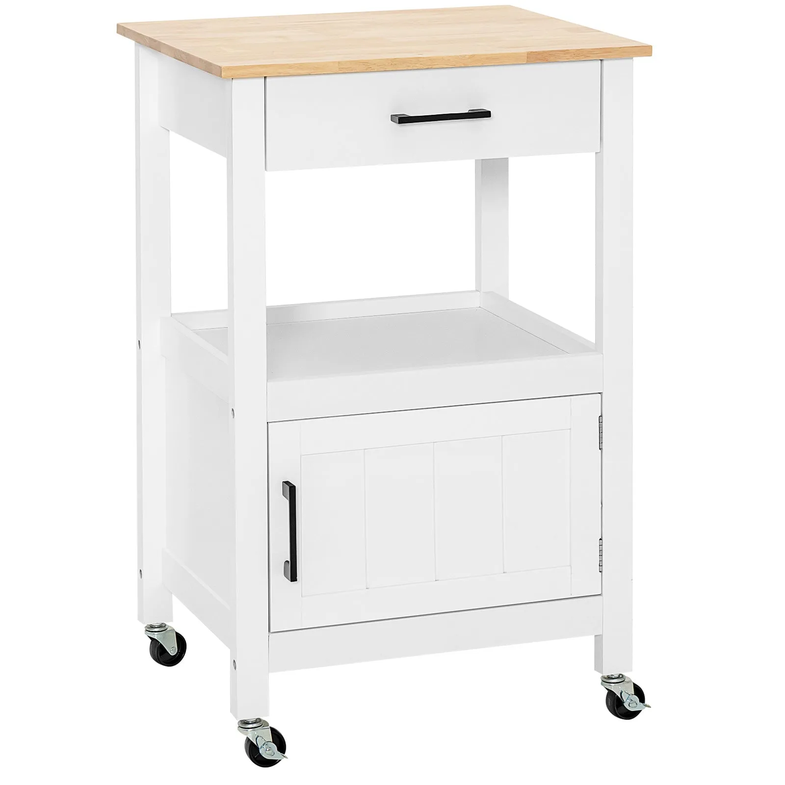 2-Tier Rolling Small Kitchen Island Cart with Rubber Wood Countertop-White