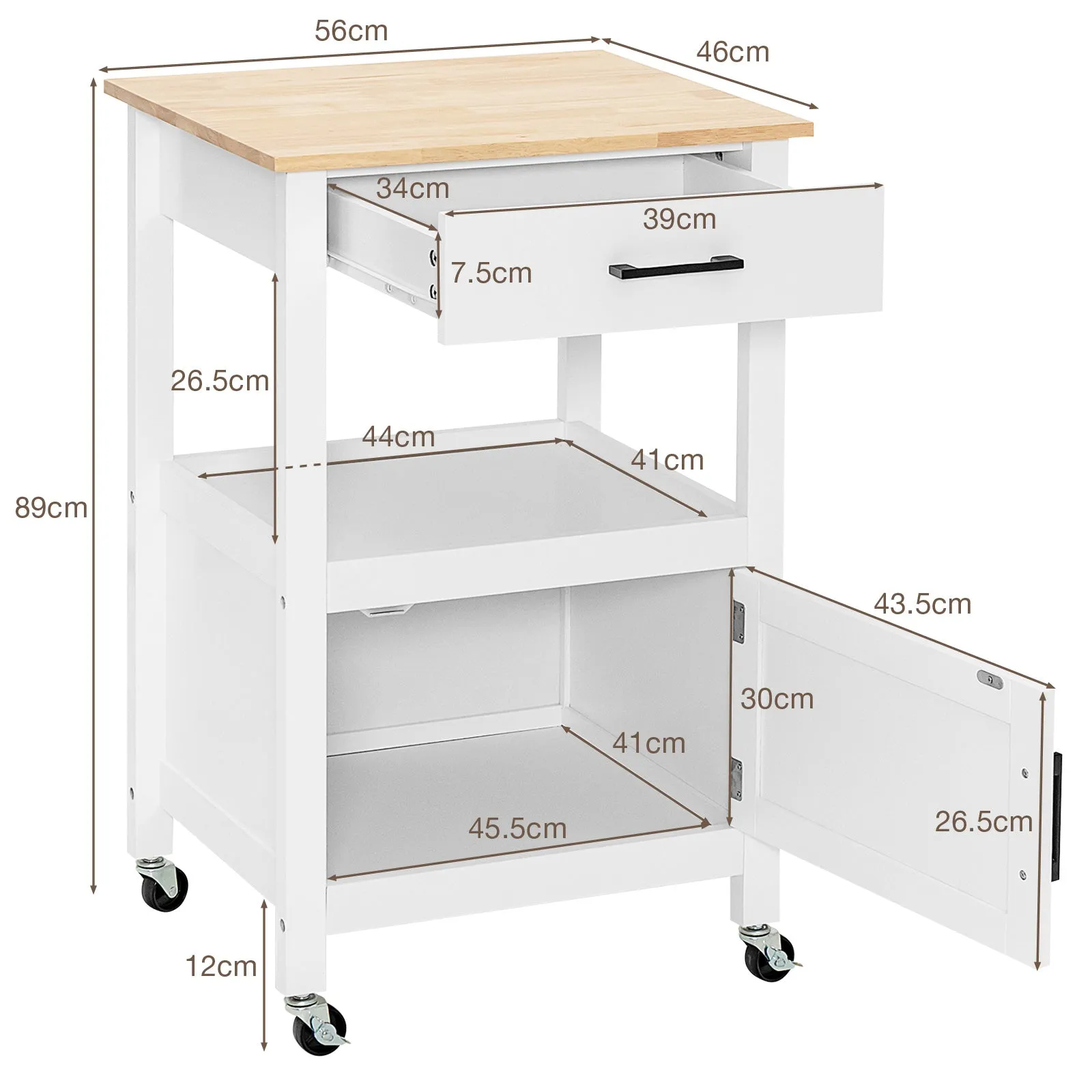 2-Tier Rolling Small Kitchen Island Cart with Rubber Wood Countertop-White