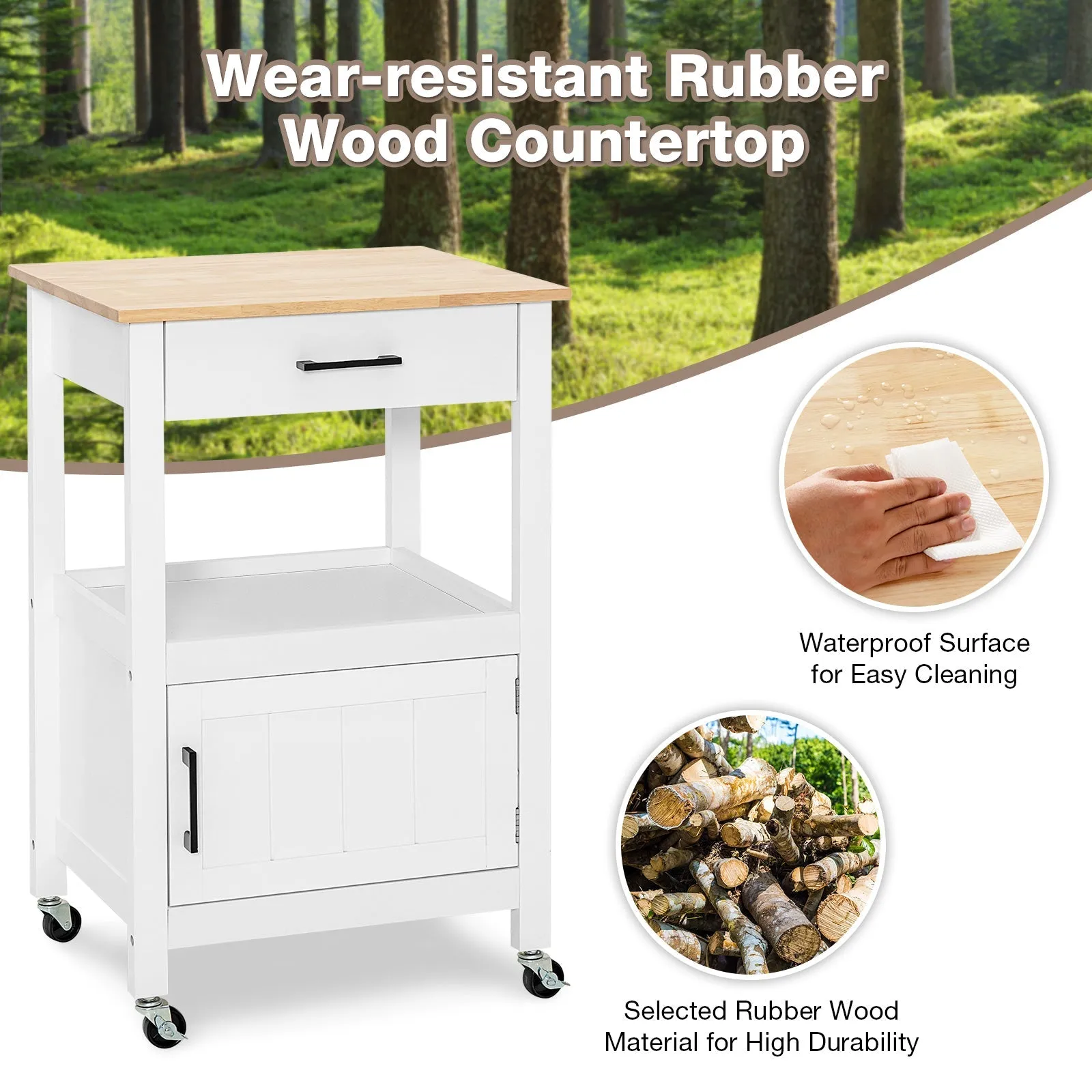 2-Tier Rolling Small Kitchen Island Cart with Rubber Wood Countertop-White