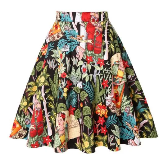 2021 Retro Vintage Women Skirts Summer Spring Casual Sundress High Waist Flared A-Line Back Zipper Knee Length 50s Skirts Lady