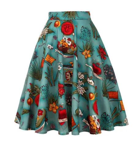 2021 Retro Vintage Women Skirts Summer Spring Casual Sundress High Waist Flared A-Line Back Zipper Knee Length 50s Skirts Lady