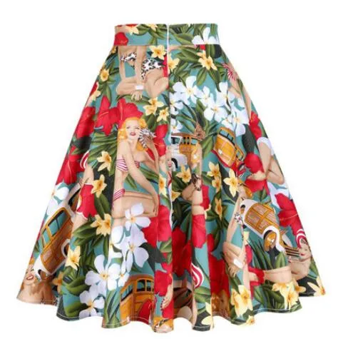 2021 Retro Vintage Women Skirts Summer Spring Casual Sundress High Waist Flared A-Line Back Zipper Knee Length 50s Skirts Lady