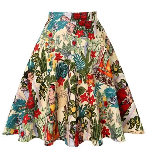 2021 Retro Vintage Women Skirts Summer Spring Casual Sundress High Waist Flared A-Line Back Zipper Knee Length 50s Skirts Lady