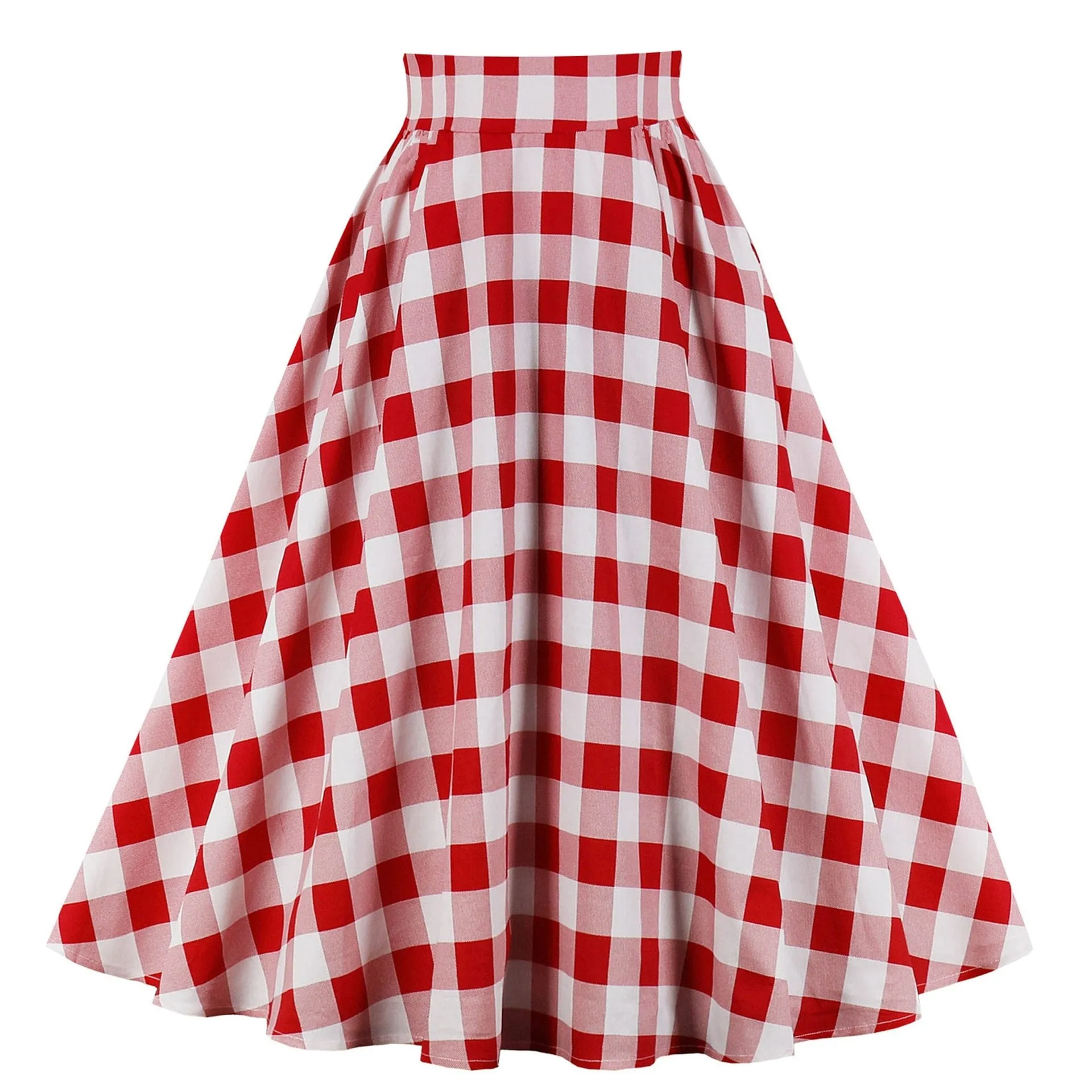 2021 School Checkered Plaid Casual Skirt Women Red and White 50s High Waist Rockabilly Cotton Summer Vintage Swing Women Skirts