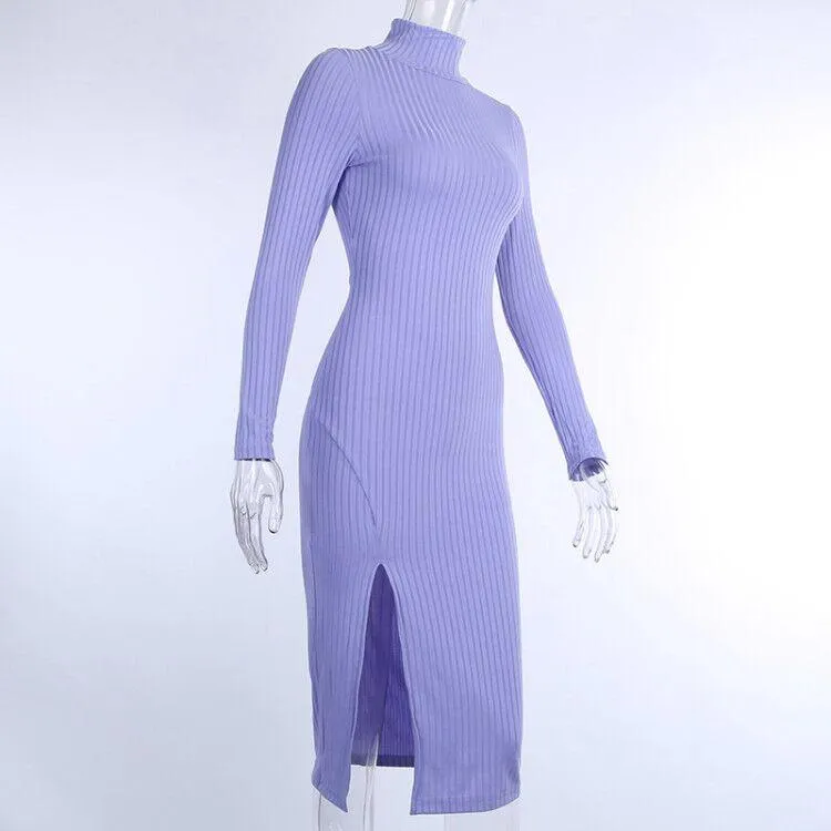 2024Ribbed Knitted Turtleneck Long Sleeve Dress