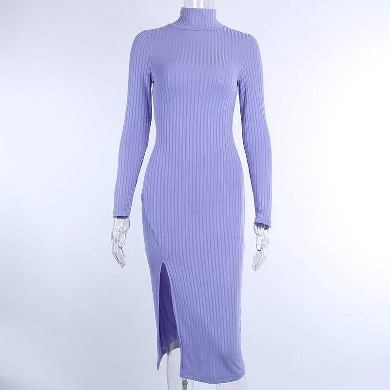 2024Ribbed Knitted Turtleneck Long Sleeve Dress