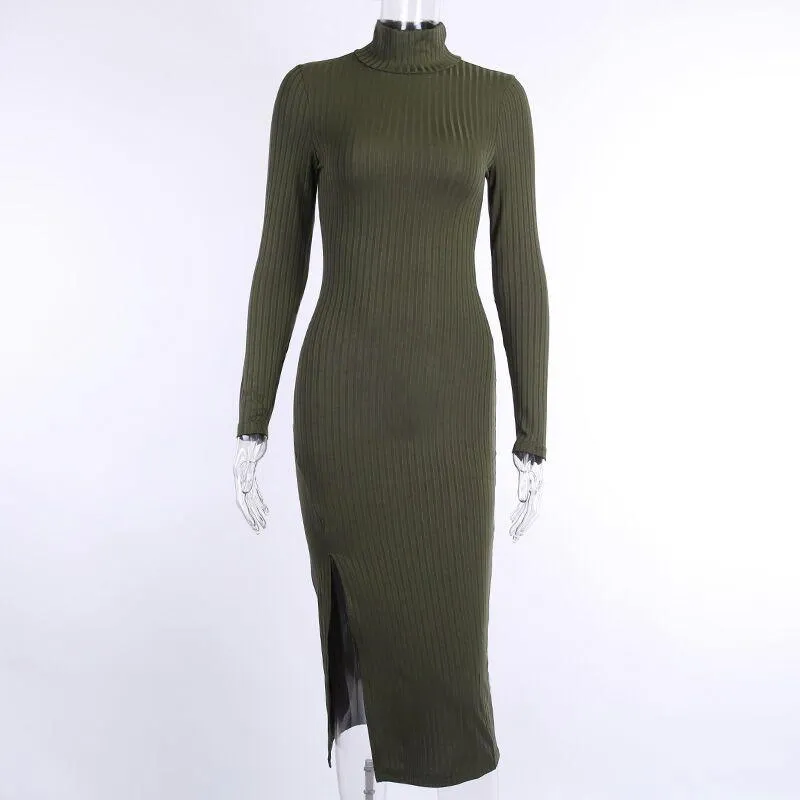 2024Ribbed Knitted Turtleneck Long Sleeve Dress