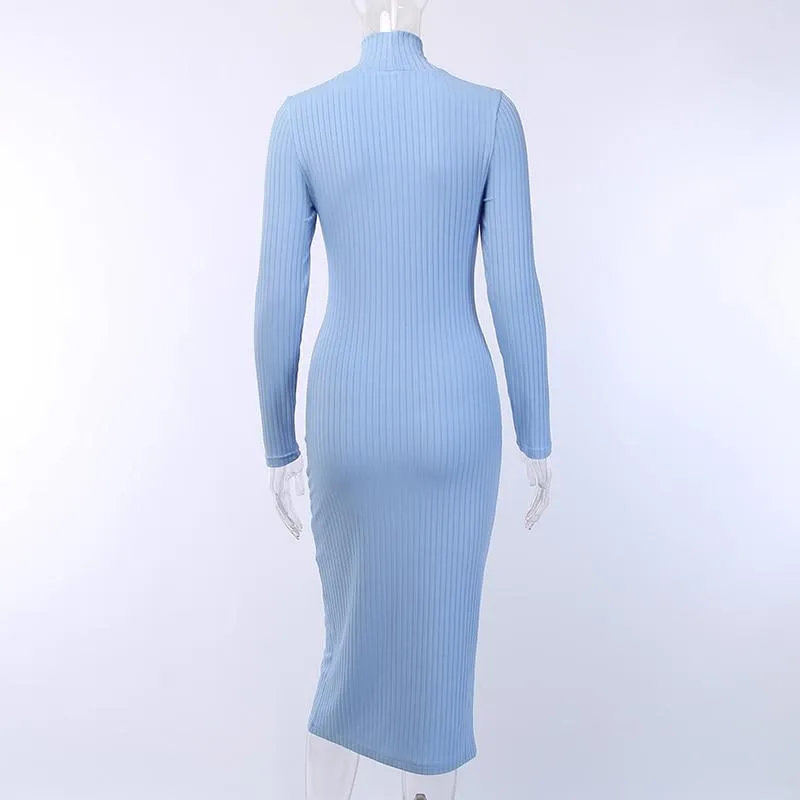 2024Ribbed Knitted Turtleneck Long Sleeve Dress