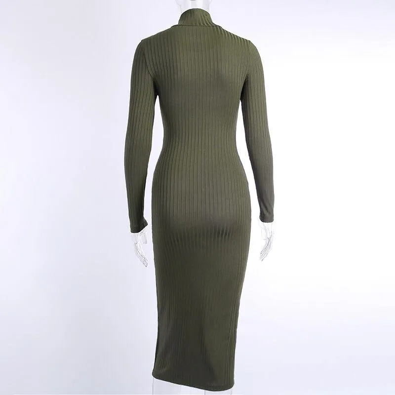 2024Ribbed Knitted Turtleneck Long Sleeve Dress