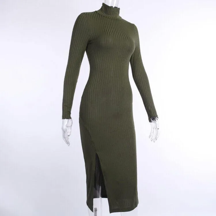 2024Ribbed Knitted Turtleneck Long Sleeve Dress