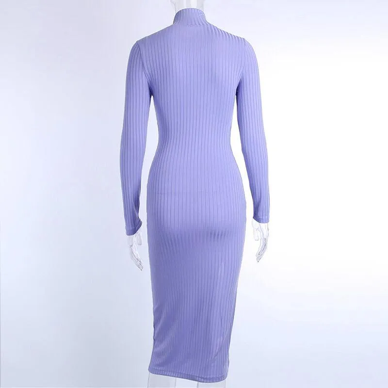 2024Ribbed Knitted Turtleneck Long Sleeve Dress