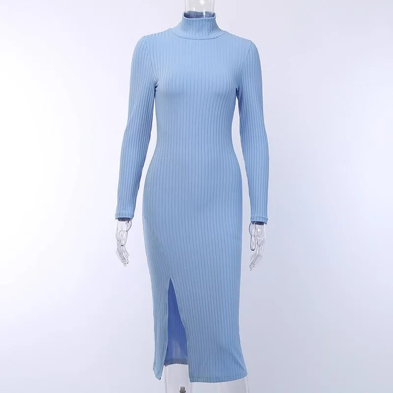 2024Ribbed Knitted Turtleneck Long Sleeve Dress