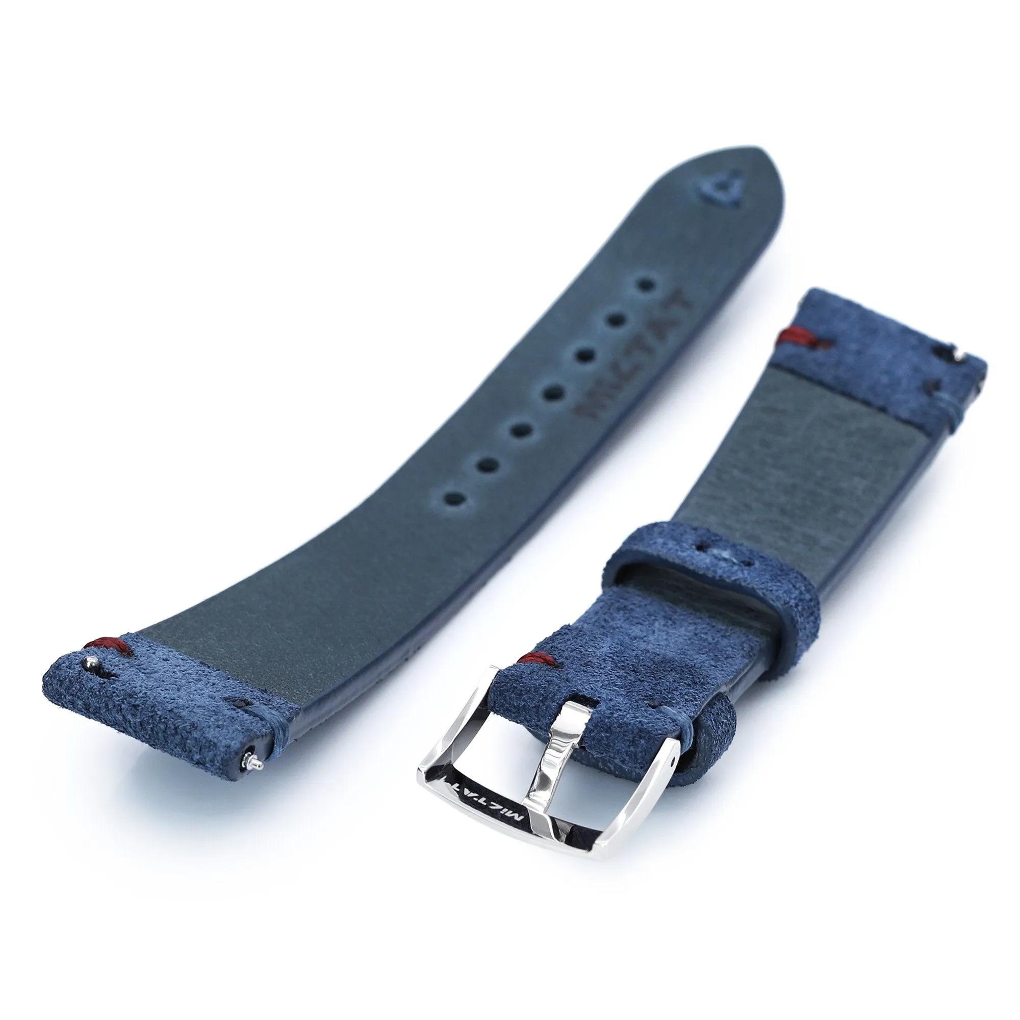 20mm Blue Quick Release Italian Suede Leather Watch Strap, Blue - Red St.