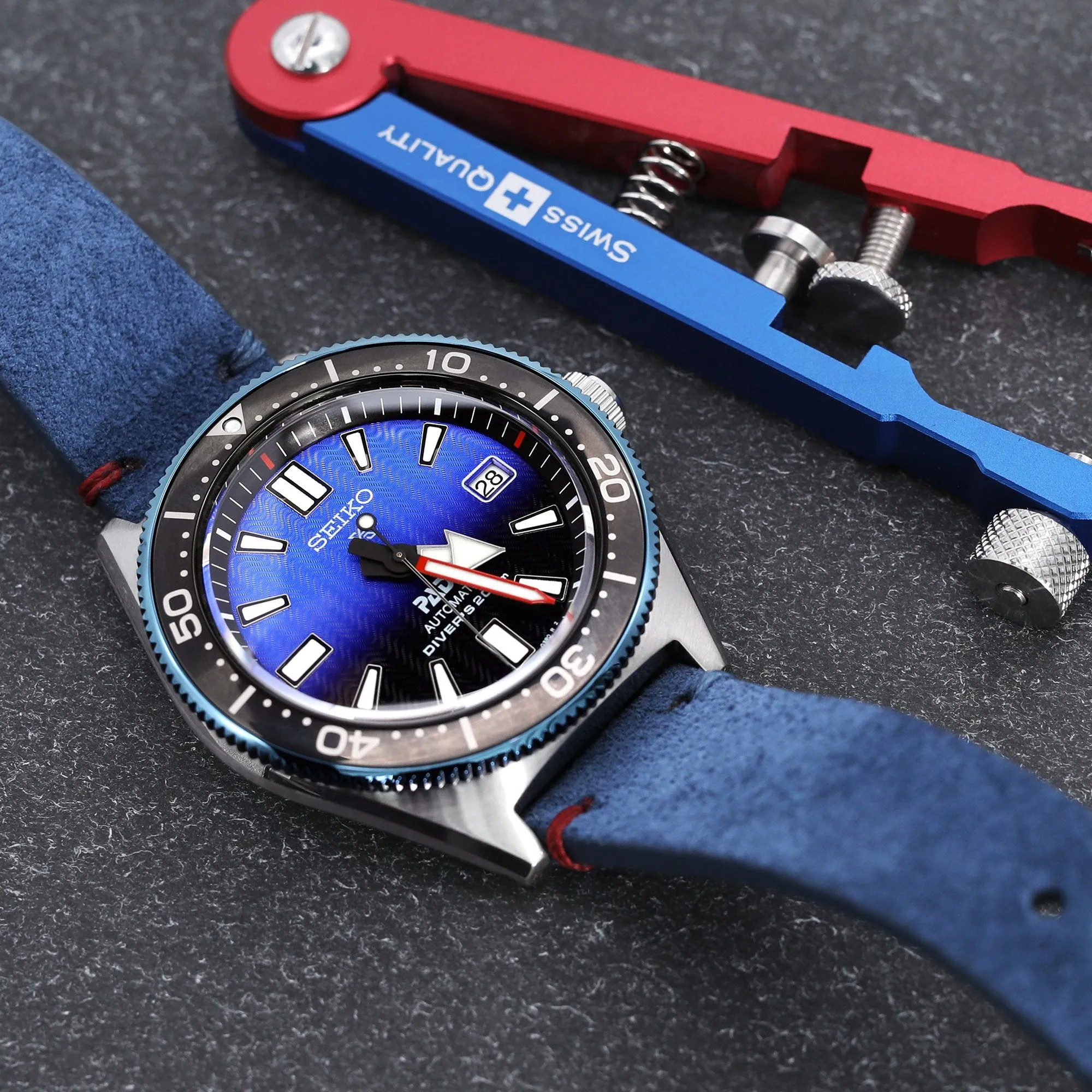 20mm Blue Quick Release Italian Suede Leather Watch Strap, Blue - Red St.