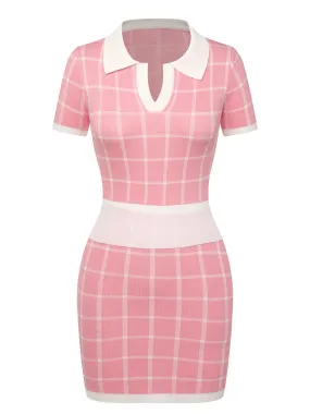 2PCS Pink & Whte 1950s Plaid Top & Pencil Skirt