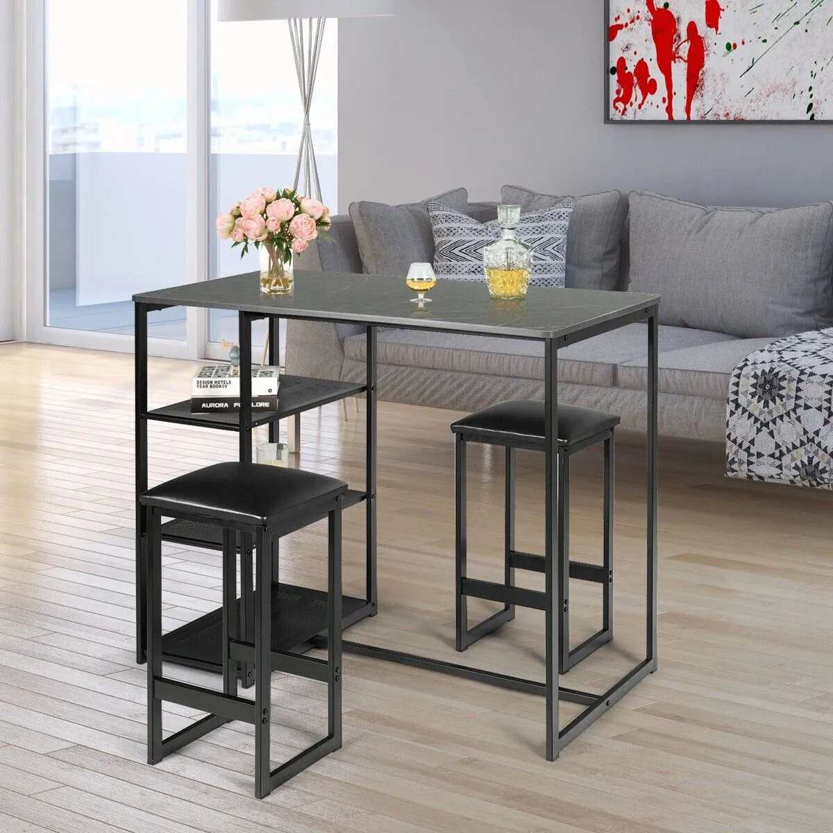 3 Piece Bar Table Set with 3-Tier Side Shelf and Footrest-Black