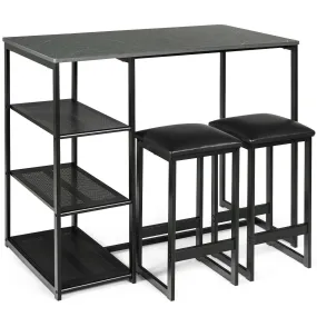 3 Piece Bar Table Set with 3-Tier Side Shelf and Footrest-Black