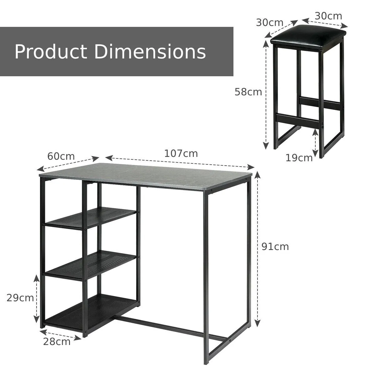 3 Piece Bar Table Set with 3-Tier Side Shelf and Footrest-Black