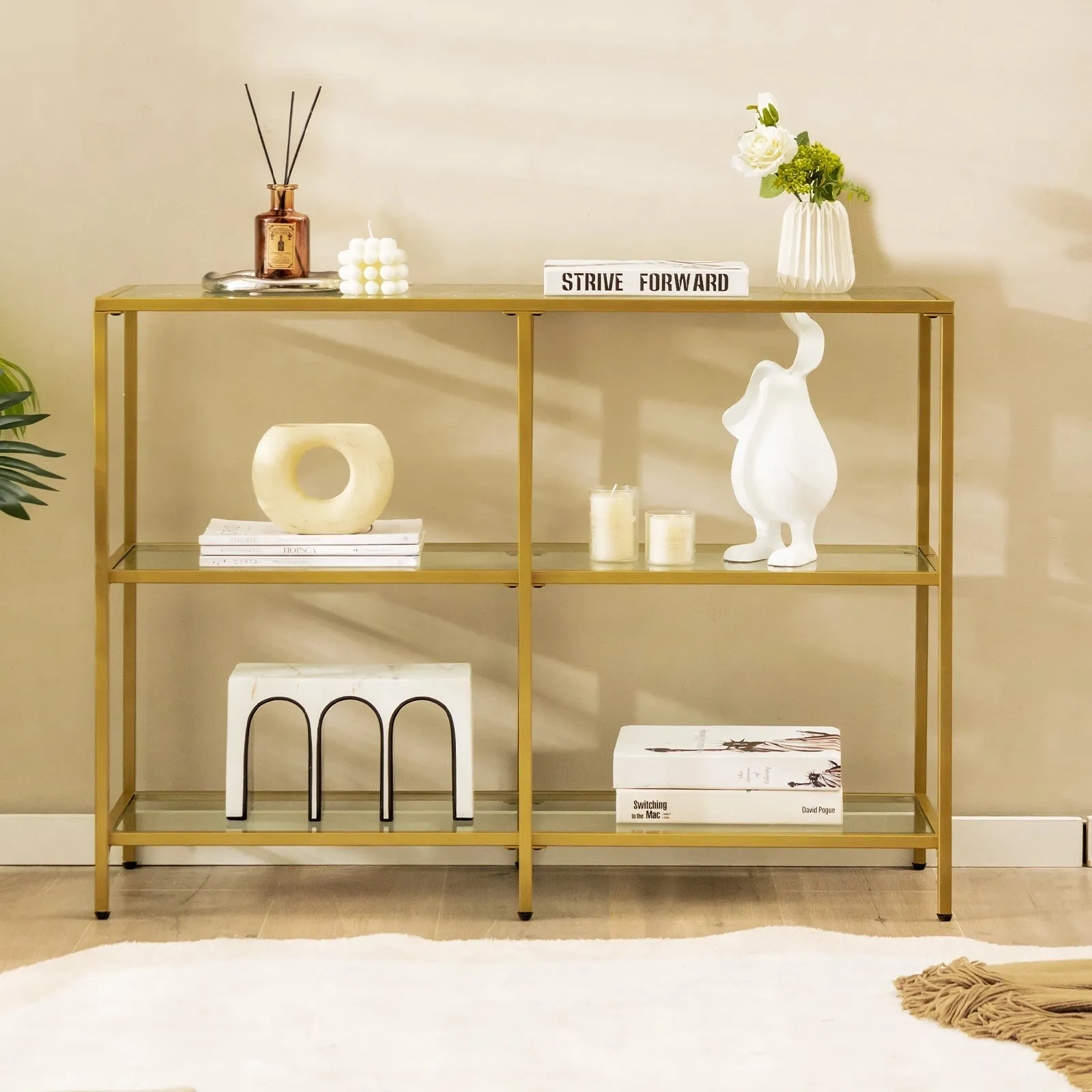 3-Tier Modern Console Table with Tempered Glass Shelf and Gold Frame-100 x 30 x 73 cm