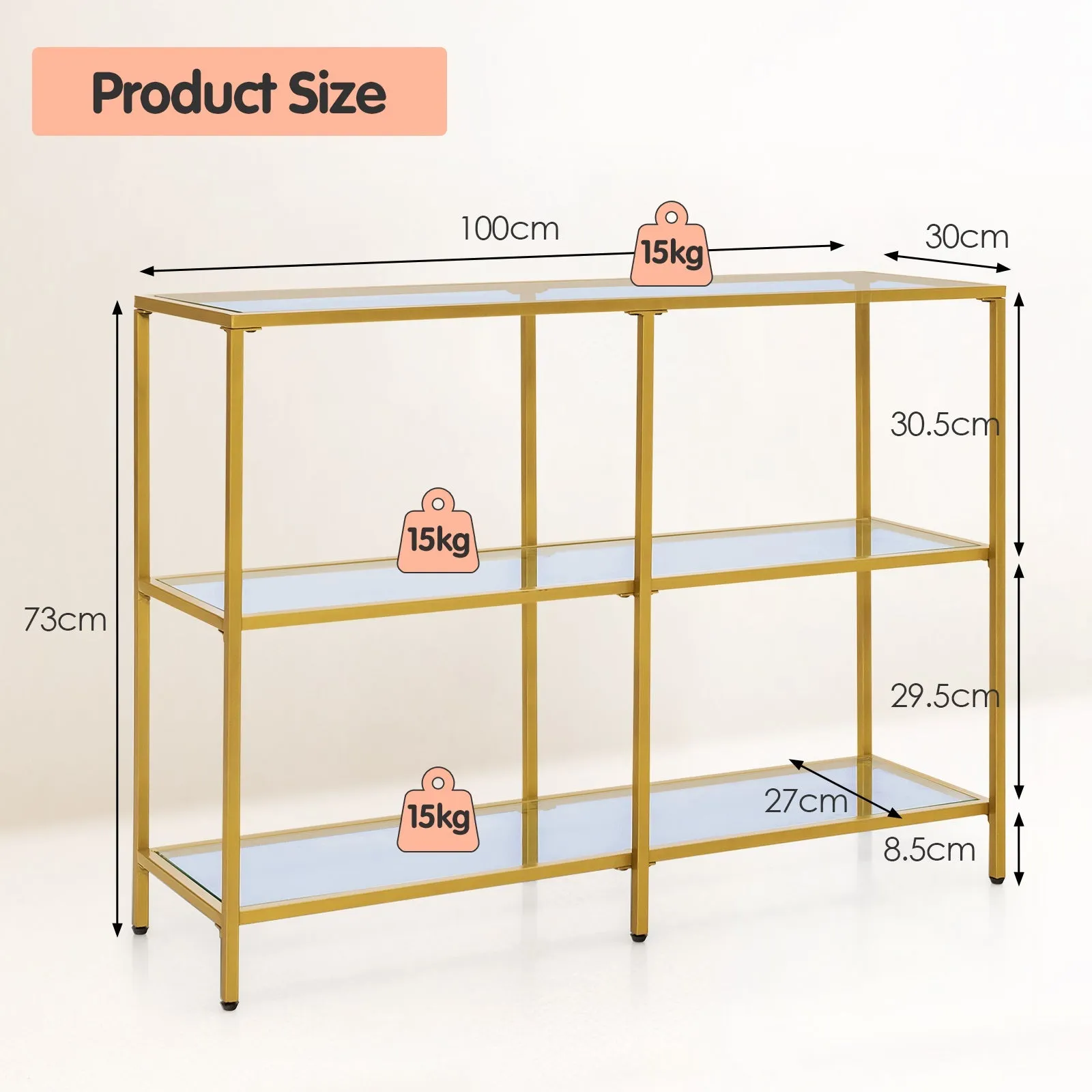 3-Tier Modern Console Table with Tempered Glass Shelf and Gold Frame-100 x 30 x 73 cm