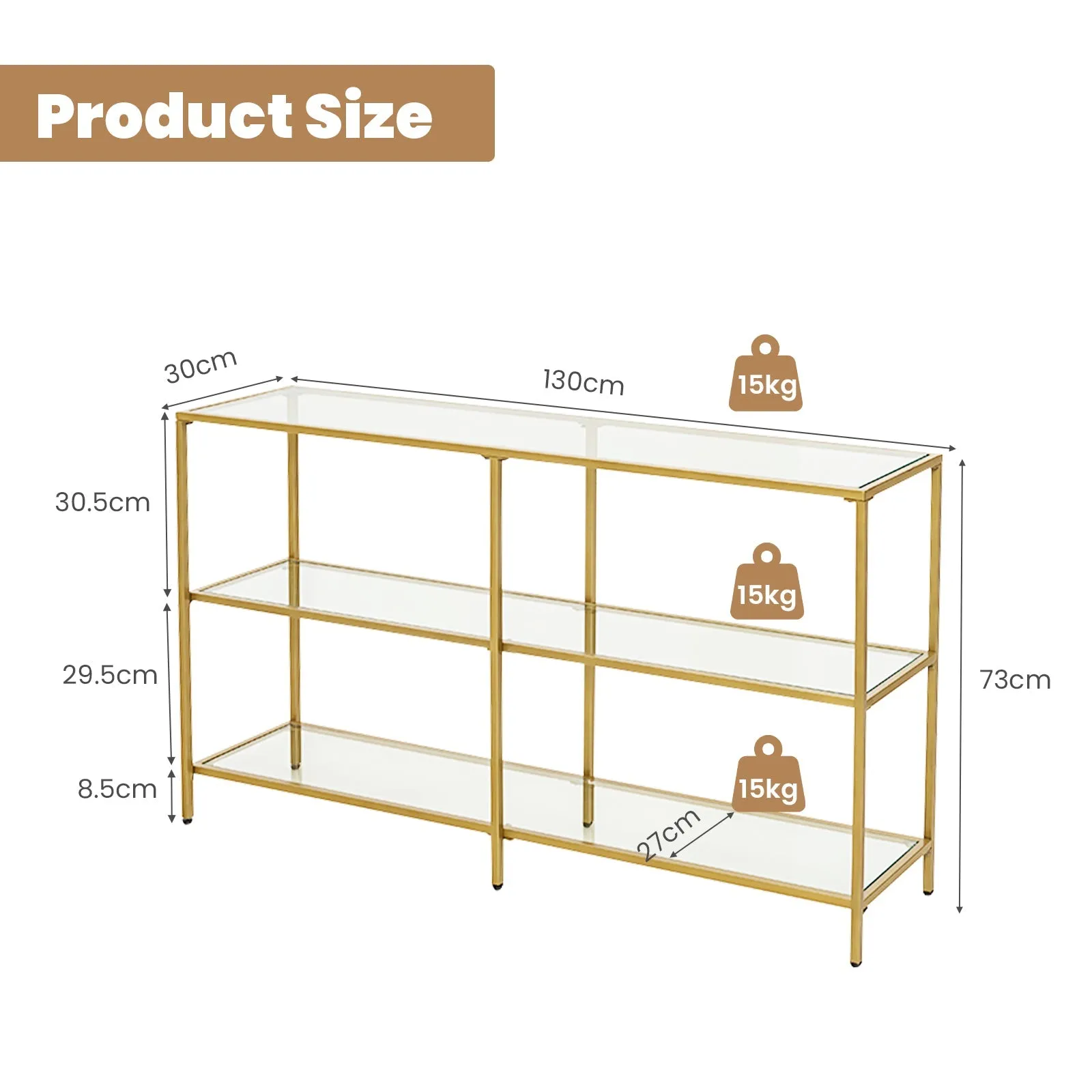 3-Tier Modern Console Table with Tempered Glass Shelf and Gold Frame-130 x 30 x 73 cm