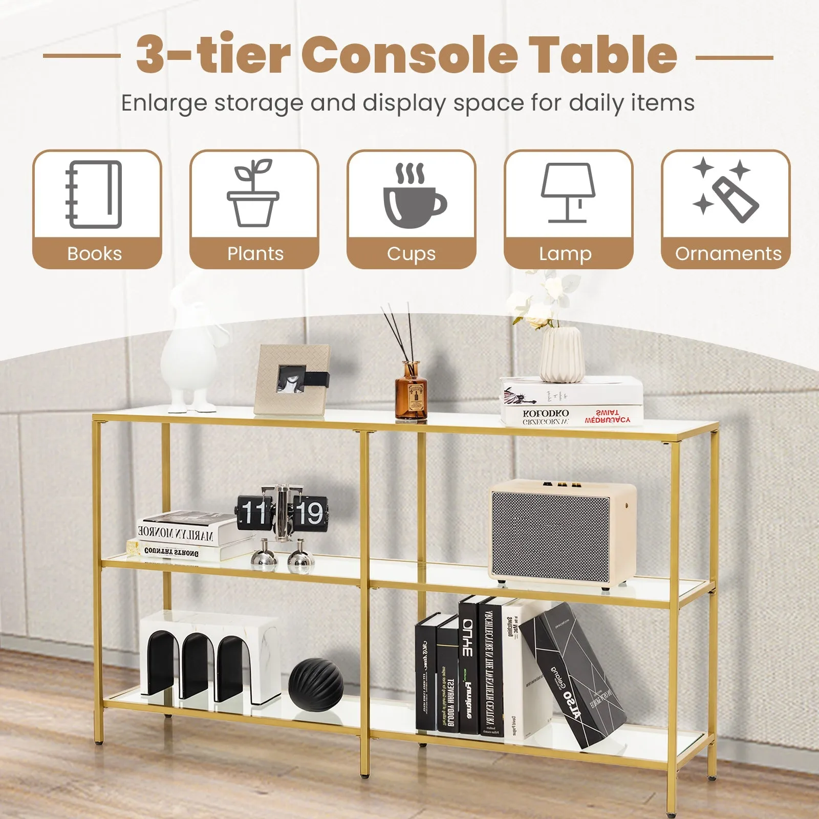 3-Tier Modern Console Table with Tempered Glass Shelf and Gold Frame-130 x 30 x 73 cm