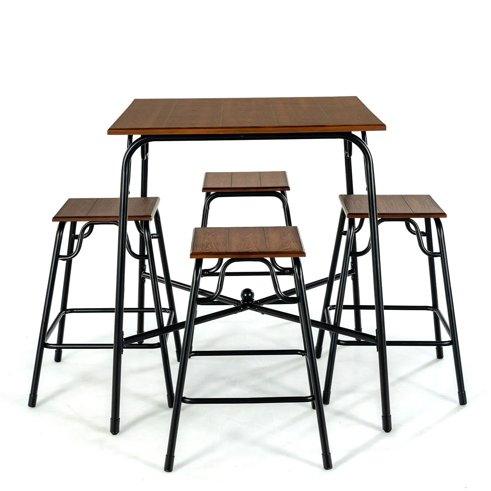 5 Piece Bar Table Set with Counter Height Backless Stools-Rustic Brown