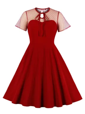 50s Cut Out Patchwork Short Sleeve A-Line Pleated Bridesmaid Dress