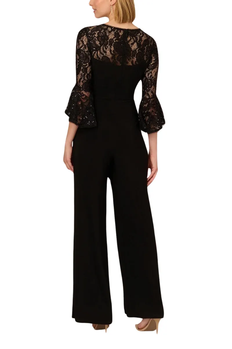 Adrianna Papell Jersey Lace Crew Neck Elbow Sleeve Ruffle Cuff Straight Leg Jumpsuit