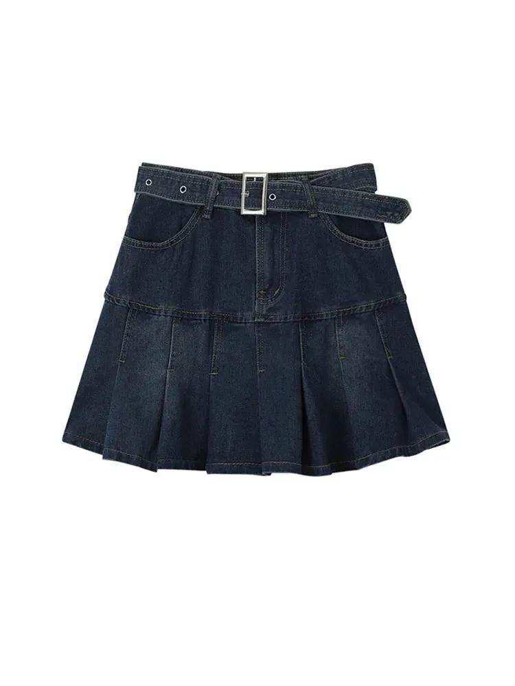 Aiertu Y2k High Waist Denim Mini Pleated Skirts With Belt Women Summer Fashion Retro A Line Skirt Korean Ins Female Casual Skirts