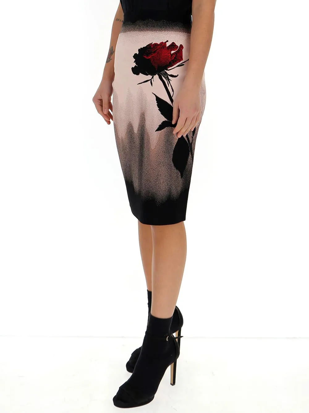 Alexander McQueen Rose Print Pencil Skirt