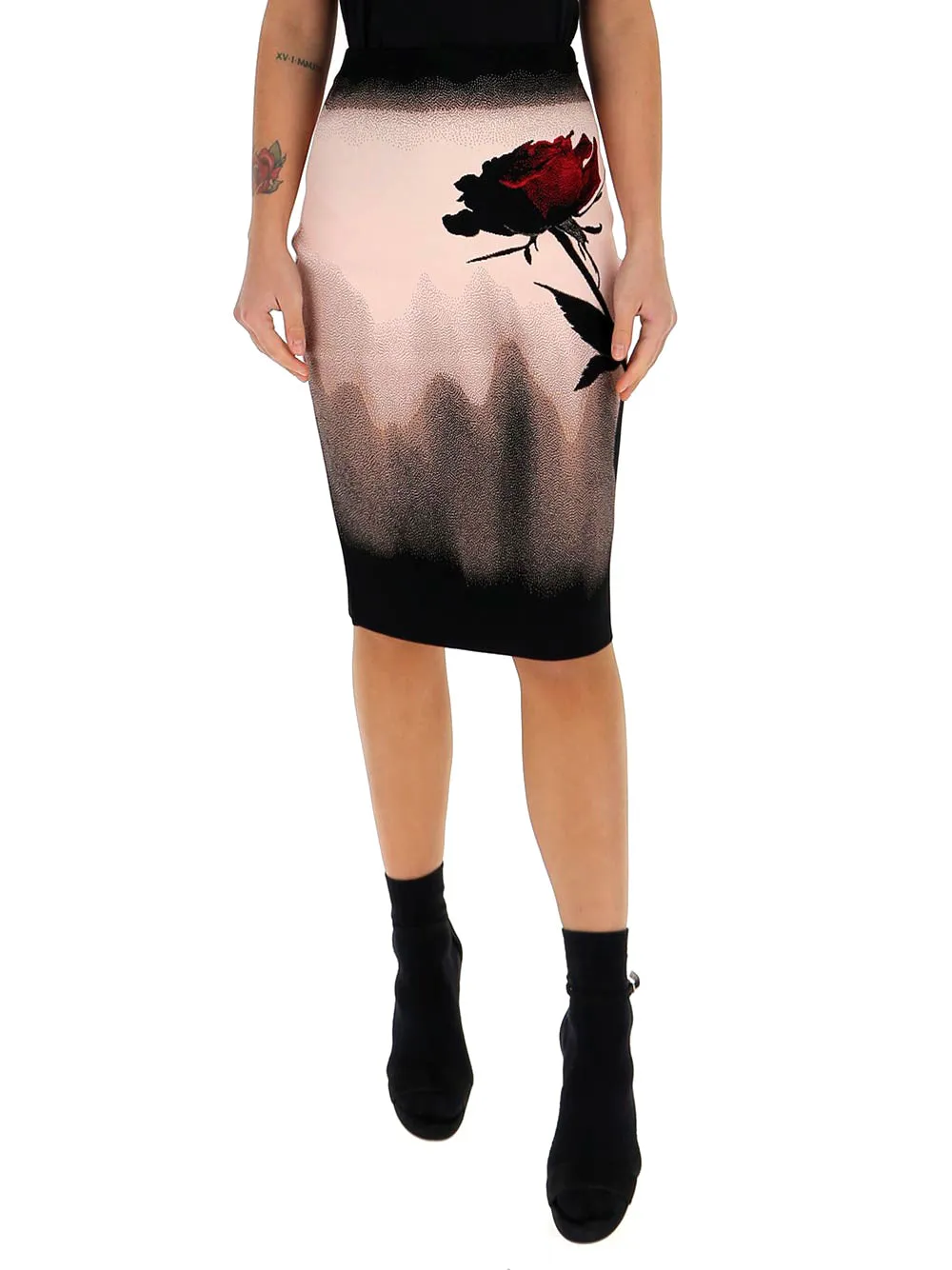 Alexander McQueen Rose Print Pencil Skirt