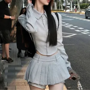 Amozae-American Style Preppy Striped Long Sleeve Shirt High-waisted Skort Set For Women Spring Autumn 2024 Fashion